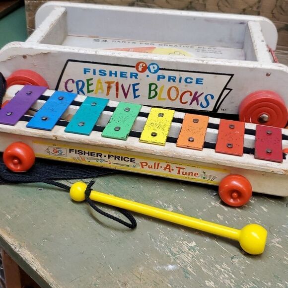 Vintage Fisher Price Creative Blocks Wagon w/Blocks  #161 Xylophone #870 - Picture 6 of 11